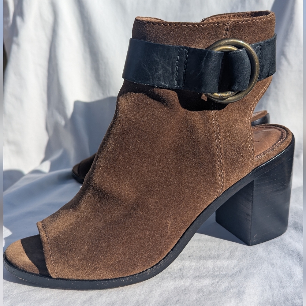 Frye Danica Suede Harness Bootie Chestnut Brown Peep Toe